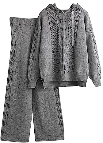 MJGkhiy Conjunto de chándal para mujer de punto elegante de 2 piezas de punto y pantalones de pierna ancha completos de lana cálida conjunto cómodo mono de suéter otoño invierno ropa para el hogar