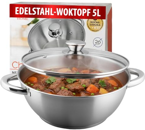 MAGIC HOME Wokpfanne 26 cm 5 Liter mit Deckel | INDUKTION | WOK Topf aus Hochwertiger Edelstahl mit Satin-Finish | 26cm Kochtopf, Pfanne, Woktopf, Glasdeckel für Alle Herdarten, Induktionsherd | Chloe