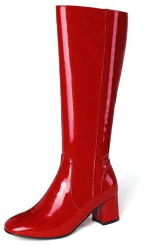 Generico Stivali da Donna in Pelle Verniciata sopra Il Ginocchio, Stivali da Equitazione A Punta Quadrata con Tacco Grosso, Taglie Forti,Rosso,45 EU
