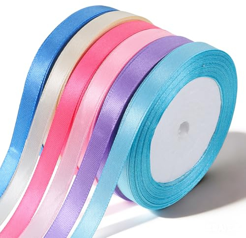 TIESOME 6 Pcs Hair Ribbon, Pastel 10mm, 22 Meters Thin Curling Ribbons for Crafting, Satin Gift Wrap Ribbon for Hair Bows, Party Decorations, Wedding, Car, Cake, Christmas