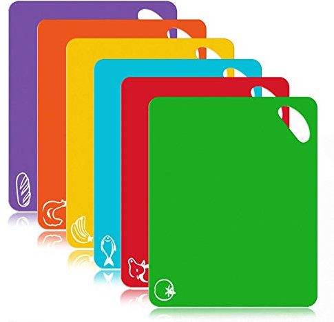 FUKTSYSM Plastic Cutting Board - 6 Pcs Extra Thick Flexible Plastic Chopping Board Mats with Food Icons, 1.3 MM Non Slip Antimicrobial Easy Hanging Boards, Dishwasher Safety