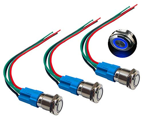 QitinDasen 3Pcs Premium 12V / 24V 3A Interruttore a Pulsante Momentaneo, 12mm Interruttore a Pulsante in Metallo con LED Blu, Interruttore Avviamento Auto in Acciaio Inossidabile impermeabile