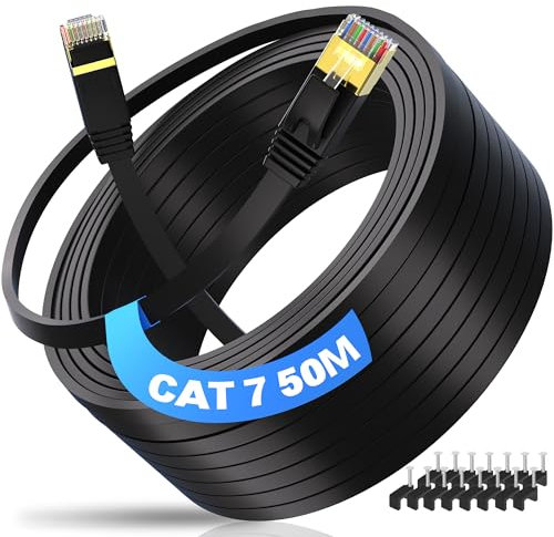 ikbc Cat 7 Ethernet Cable 50m, Flat Lan Cable 50m 10Gbps 600MHz FTP Shielded, High Speed Intermet Cable 50 Meter Cat 7 Gigabit Rj45 Network Cable Black for Router PS4/5 PC (50 Clips)
