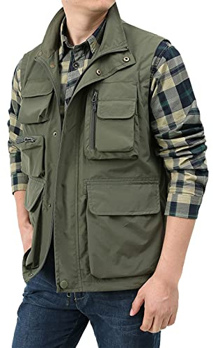 aromm Outdoor Waistcoat for Men Multi Pocket Waterproof Work Vest Jacket Army Green, XL