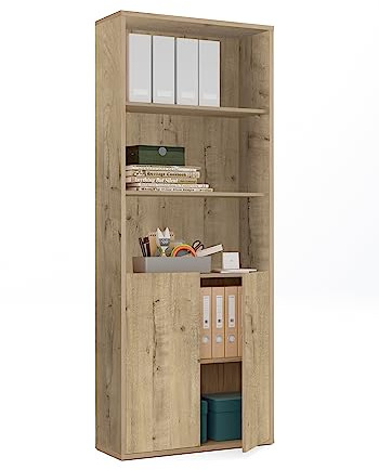 Muebles Pitarch | Librería de Oficina o Despacho,2 Puertas y 4 Estantes, Librería de Salón, Roble Gold, 196,5x75,5x33cm ,Básica, Elegante y Resistente