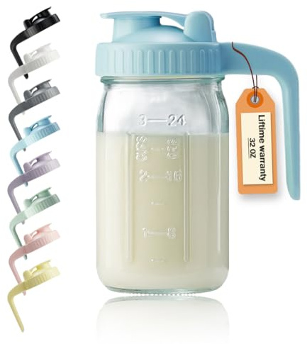 32oz Glass Pitcher with Lid & V-shaped Pour Spout - 1 Quart Breastmilk Pitcher Double Leak Proof, Creamer Container for Sun Tea, Juice, Cold Brew Coffee, Breastmilk Storage Container