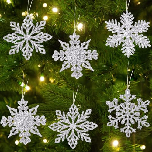 Schneeflocken Weihnachtsanhänger, 24 Weihnachtsbaumschmuck Weihnachtsanhänger, Weihnachten Deko Weihnachtsbaum Anhänger mit 24 Seilen, Christbaumanhänger für Weihnachtsdekorationen Party (Silber)