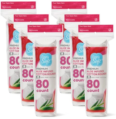Simply Soft Aloe Infused Premium Cotton Rounds, 80 count (Pack of 6), Hydrating Aloe Vera, 100% Pure cotton, absorbent cotton pads, Moisturizes and soothes sensitive skin, Hypoallergenic