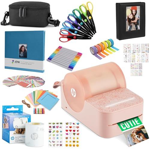 HP Imprimante Photo et étiquettes Couleur Portable instantanée Sprocket Panorama (Rose) avec étui, Rouleau Zink, Album Photo, marqueurs, Ciseaux, Ruban adhésif, Autocollants et Cadres