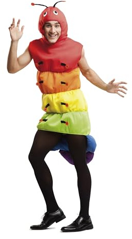 My Other Me - Disfraz Gusano Adulto Unisex, talla M-L. Incluye vestido multicolor con capucha, ojos saltones, antenas y paticas que sobresalen del cuerpo. ¡Saca tu oruga a desfilar!