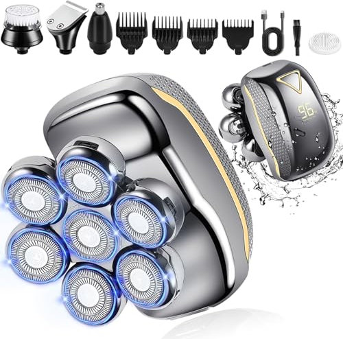 Rasoio elettrico da uomo, 5 in 1, impermeabile IPX7, con 7 testine rotanti, indicatore LED, rasoio elettrico per barba e peli del naso, kit di cura