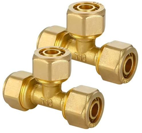 2 stycken skruvbeslag T-stycken, klämfäste i mässing för kopparrör, kompression T-stycke reducerad 16 x 2,0 mm, klämringmontering för kompositrör av aluminium och kompositrör i flera lager