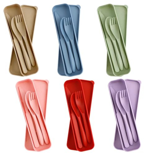 Mulaibdin 6-delars plastbestick återanvändbart, plastbestick för camping, bestick för lunchlåda med fodral, resebestickset med sked, kniv, gaffel för picknick, utomhus, skola (B)