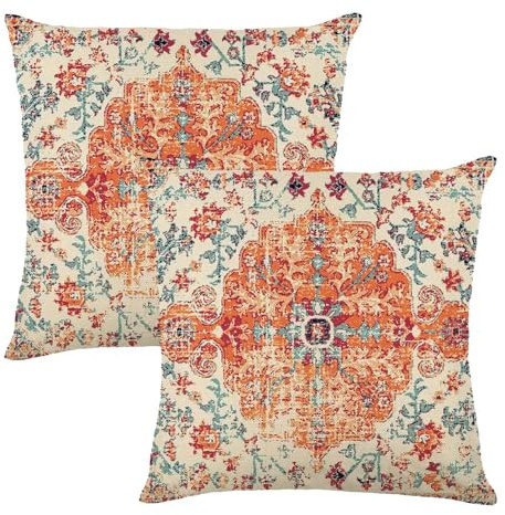 XFSRG Juego de 2 Fundas de Cojines 45x45 cm Funda Cojín Boho Vintage en Lino Transpirables y Resistentes para Sofá Jardín Dormitorio y Exterior Confortables y Duraderas (Naranja)