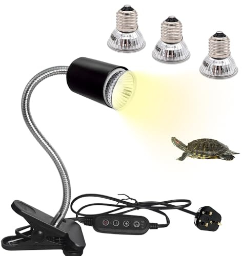 SKIKHN Tortoise Heat Lamp, Reptile Heat Lamp with Cycle Timer, 3 Bulb 25W/50W/75W UVA UVB, Reptile Heating Lamps with Clamp, 360° Rotatable Tortoise Heating Lamps, for Turtles Snakes Lizards