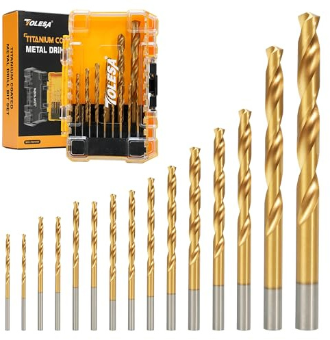 TOLESA 15PCS Drill Bit Set, 1.5-10mm HSS Metal Drill Bit Set with Titanium Coated HSS Drill Bit Sets for Drilling in Steel & Aluminium Sheets