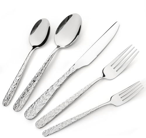 Service de Couverts Argentés Martelés, Service de Couverts, 20 Pièces pour 4 Personnes, Coutellerie Premium en Acier Inoxydable avec Design Unique à Poignées Ondulées Poli Miroir