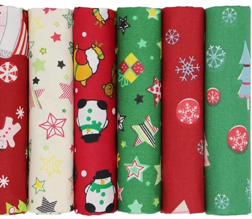 Gorsmoon Lot de 6 tissus de Noël 50 x 50 cm – Lot de tissus pour patchwork, rouge et vert, 100 % coton, pour la couture, le matelassage et le bricolage avec motifs de Noël, chutes de tissu pour la