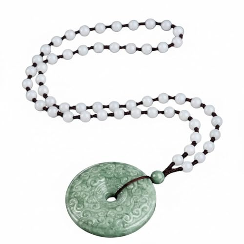 Wyvix Collier avec pendentif en jadéite verte, haricot naturel, boucle de paix, sculpté à la main, motif Ruyi, pierre beignet, amulette, bijoux