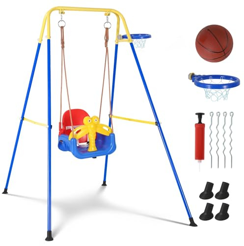 RBFGYIOP Altalena 4-in-1 per bambini e neonati con canestro da basket – Struttura pieghevole in metallo per interno/esterno – Cintura di sicurezza – Telaio stabile – Versione con canestro, USA