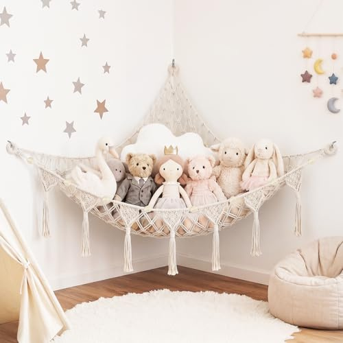 AUAUY Leksakshängmatta för gosedjur, teddyhängmatta, leksaksnät, makramé boho hörn, hängande organiserare med tofs, mjukt gosigt leksaksförvaringsnät för barn, sovrum, barnkammardekor, beige