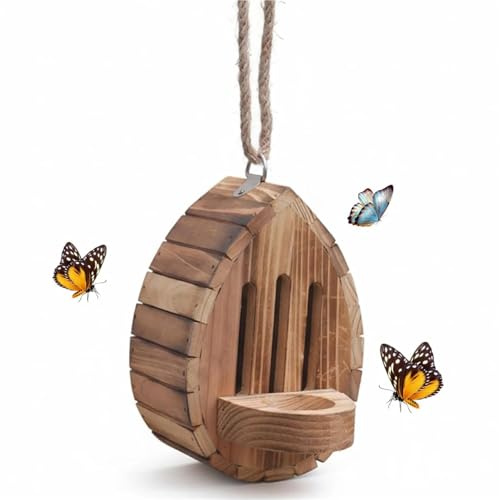 Houses, Butterfly House for Outside, Teardrop-Shaped Wooden Butterfly Habitat & Feeder with Rope for Garden Decor