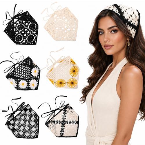 FrostyFlair Triangulär huvudduk och hårband för kvinnor, set med 6 st virkade och stickade bandanas, vintage pannband med blommigt tusenskönsmönster för knytning
