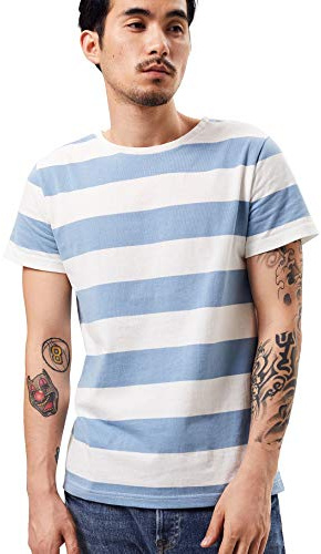 Maglietta a righe larghe per uomo Breton Tee Stripes Sailor Top in cotone a maniche corte per estate spiaggia, A righe blu e bianche, L