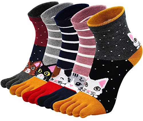 PUTUO Calcetines Cinco Dedos Separados para Mujer: Calcetines del Dedo del Pie de Algodón con Divertidos Animales Perros Estampado Talla 36-41