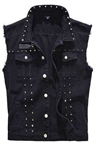 Cekaso Men's Denim Vest Punk Sleeveless Jean Jacket Rocker Studded Vests,Black,M