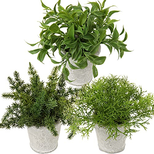 Briful 3 Packs Small Artificial Fern Plants Fake Plants in Cement Pots, Decorative Artificial Plants Rosemary Artificial Grass for Bathroom Shelf Bedroom Home Decoration