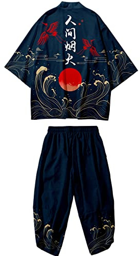 DOSLAVIDA Men's Japanese Kimono Jacket Set Stylish Open Front Coat With Shorts Chinese Style Printed Cardigan Suits