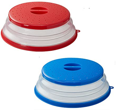 Collapsible Microwave Splatter Cover, 10.5 Inch, Dishwasher-safe, Microwave Plate Cover With Steam Vent，BPA-Free Silicone & Plastic(2 PCS,blue & red)
