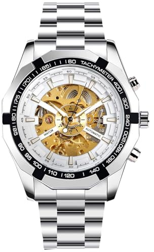 RORIOS Orologio da Uomo Orologio da Polso Meccanico Automatico Luminoso Orologio con Cinturino in Acciaio Inox Scheletro Orologio