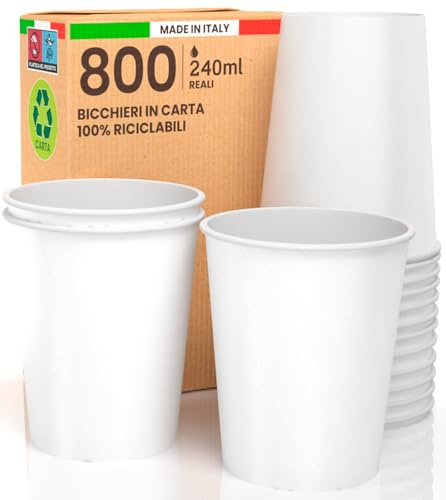 800 miljövänliga 240 ml vita 240 ml Biologiskt nedbrytbara pappersmugglar för att ta bort varma drycker Vatten - Tillverkad i Italien Tillverkad och förpackad i Italien