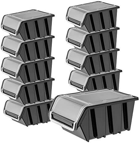 KADAX Stapelkiste mit Deckel, Lagerbox aus PP Kunststoff, Sichtlagerbox in verschiedenen Größen und Farben, Lagerboxen mit Klappe für Werkzeugswand (Schwarz, 10 Stück - 155x100mm)