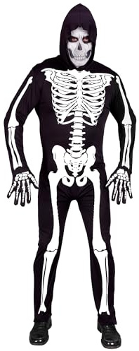 W WIDMANN MILANO Party Fashion Kostym, skelett, overall med huva, neon, lyser under UV-ljus, halloweenutklädnad
