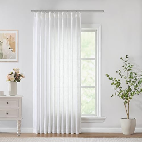 Vision Home White Pinch Pleated Semi Sheer Curtains Textured Light Filtering Window Curtains 108 inch for Living Room Bedroom Patio Rayon Blended Pinch Pleat Drapes with Hooks 1 Panel 60 Wx108 L