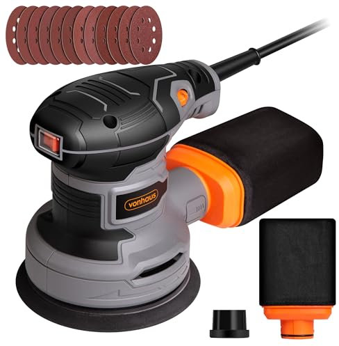 VonHaus Random Orbit Sander - Variable Speed up to 14000RPM with 12 Sanding Pads Included, Dust Collection System, Soft Grip Handle 300W and 125mm Pad Size