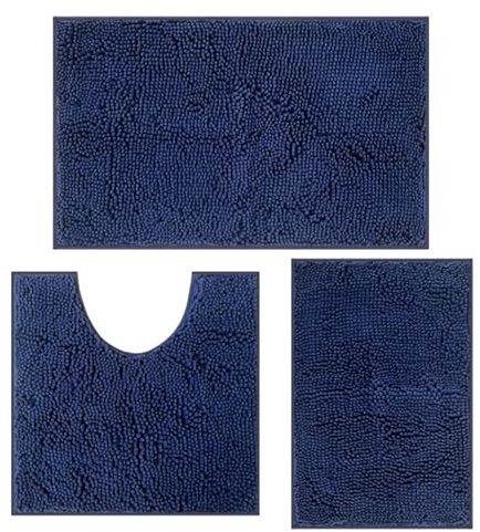 Juego de 3 alfombrillas de baño para el baño, antideslizantes, lavables, bañeras y bañeras, traje de baño para ducha, bañera, decoración de inodoro (azul oscuro)