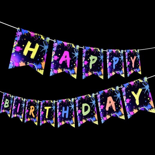 Glow Happy Birthday Banner, Prestrung Neon Sign Let Glow Party Painted Banner for Black Light Neon Party Supplies Birthday Decorations