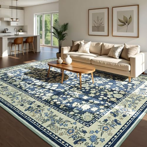 Softlife Washable Rug for Living Room, Non-Slip Rugs for Kitchen, 6x9 Oriental Indoor Mat Under Dinning Table, Mordern Print Home Carpets Rubber Backing for Kids, Dark Blue and Green