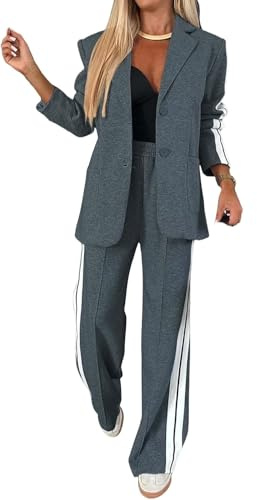 ThiCc - Tute da donna in 2 pezzi con blazer - Giacca oversize comoda a maniche lunghe con risvolto dentellato e tasche, pantaloni a gamba larga con righe laterali, dettagli sportivi, per abbigliamento