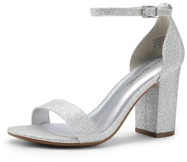 DREAM PAIRS Sandali da donna con tacco a blocco, punta aperta, cinturino alla caviglia, 8,9 cm, per feste, appuntamenti e matrimoni, Argento, 38.5 EU