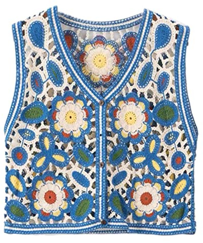 QishGO Joli gilet d'été sans manches boutonné au crochet Ins Floral Knit Cardigan Tops Ins Coréen Femme Outerwear