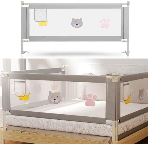 Fiqops Bettgitter Rausfallschutz 200CMx1+180CMx1 Höhenverstellbar 70-98cm, Bettschutzgitter Kinderbettgitter für Kinder & Elternbetten, Stabile, Grau