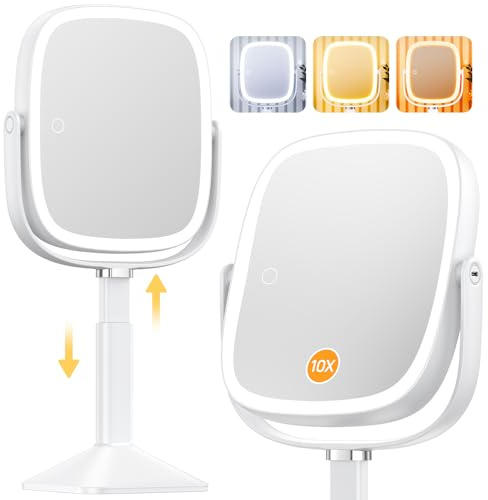 Gospire Miroir de maquillage rectangulaire éclairé grossissement x10 3 couleurs hauteur réglable batterie 4000 mAh chambre à coucher salle de bain