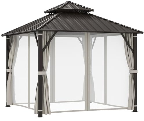 Outsunny 3 x 3(m) Hardtop Gazebo Canopy with Double Metal Roof, Waterproof Permanent Pavilion Garden Gazebo with Netting and Curtains, Easy to Assemble