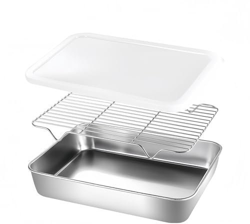 Bandeja de horno con tapa, bandeja de horno con rejilla de enfriamiento, bandeja pequeña con rejilla de acero inoxidable para horno, hornear, asar, servir, rejilla de refrigeración (31 x 24 x 5 cm)