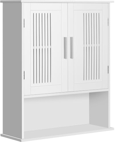 kleankin Armoire Murale avec Étagère Réglable 60 x 20 x 70 cm Blanc | Meuble Haut Salle de Bain, Double Porte, Étagère Ouverte, Meuble de Rangement Suspendu